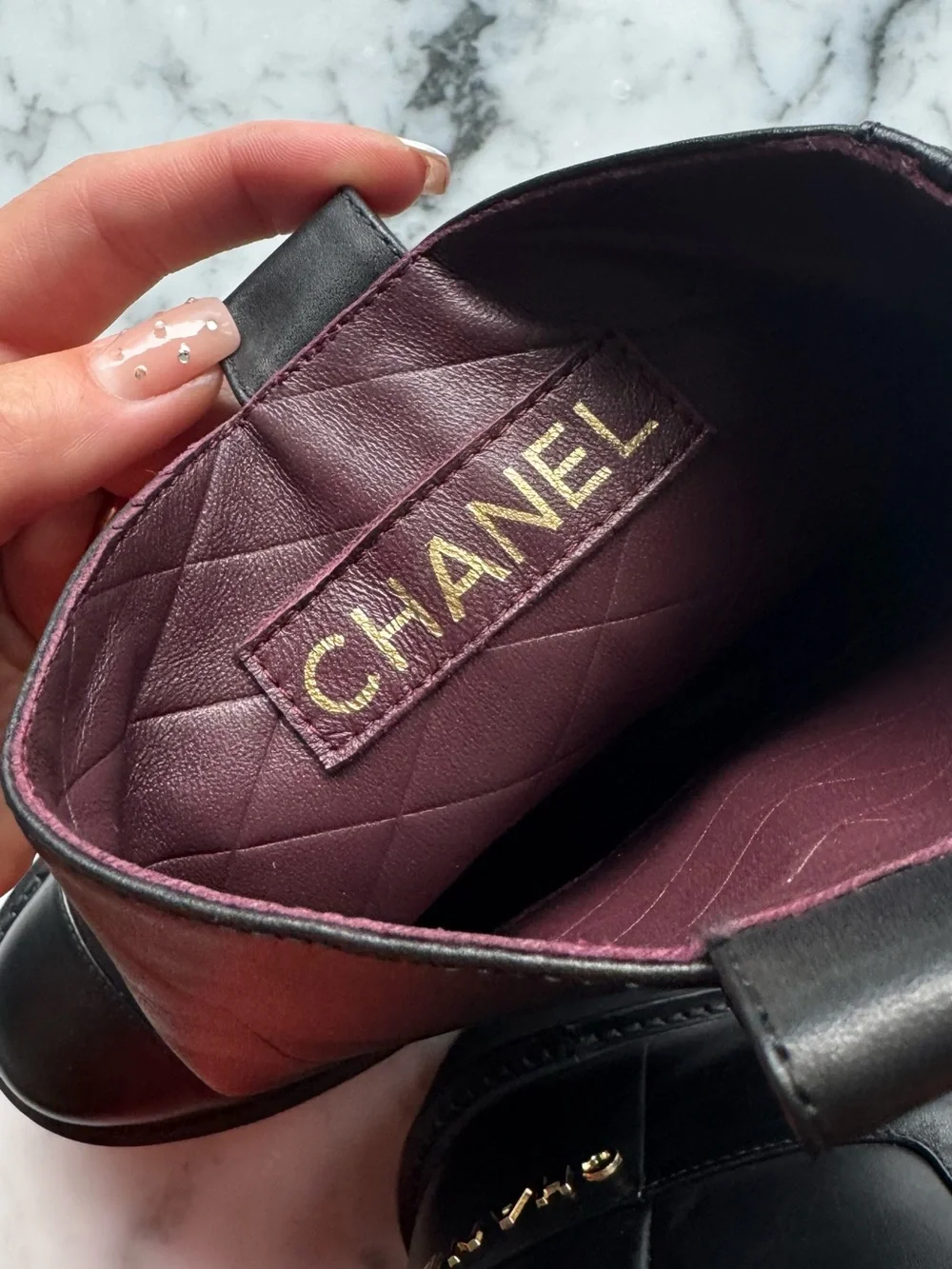 CHANEL Black Leather Lug-Sole Mid-Calf Combat boots